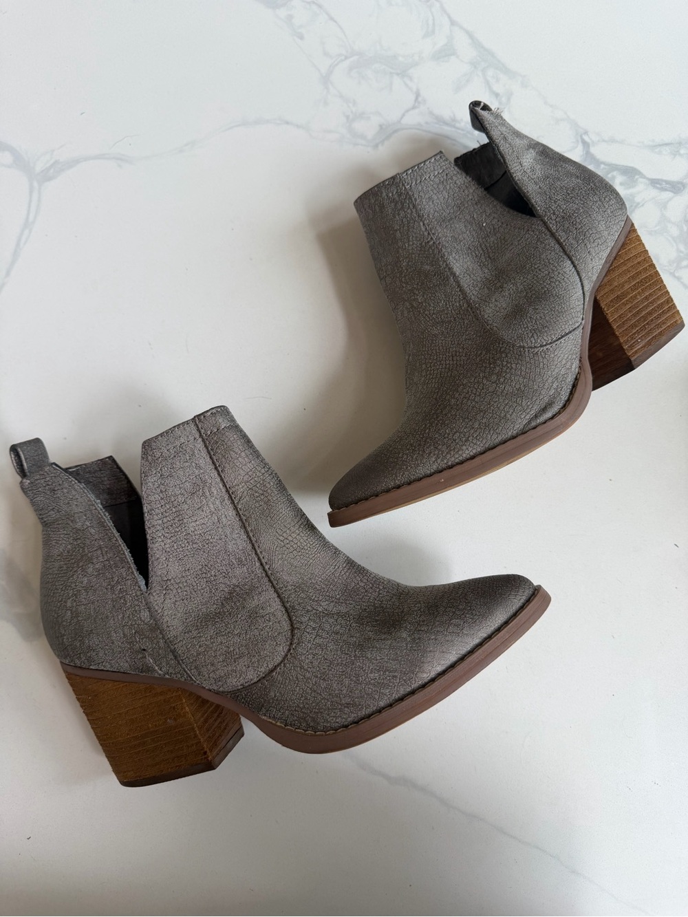 Not Rated Grey Suede Ankle Booties with Stacked Wood Heel